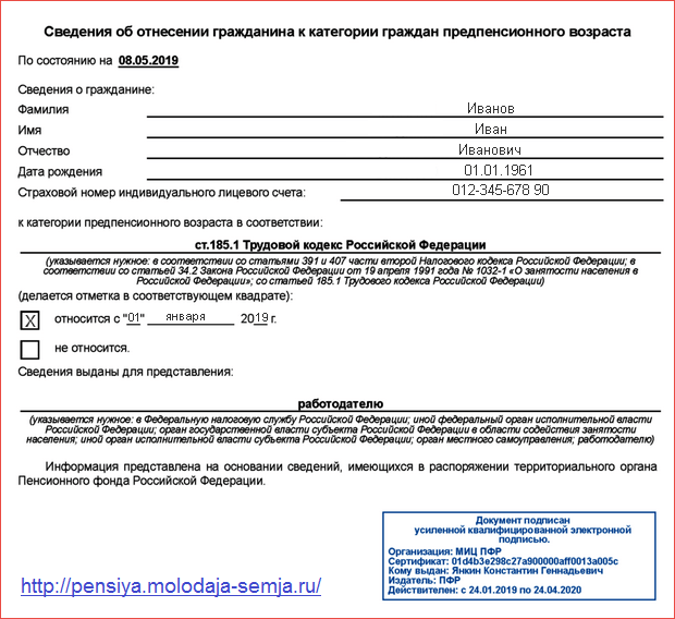 Справка предпенсионера, образец
